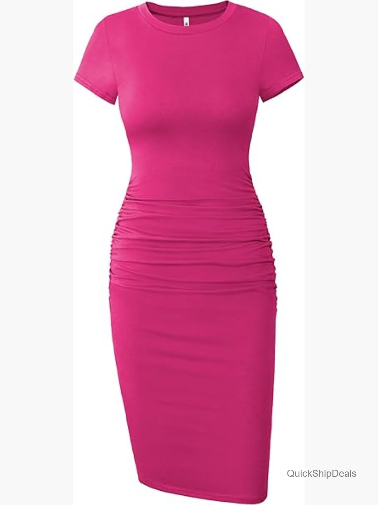 Short Sleeve Ruched Casual Sundress Midi Bodycon T Shirt Dress